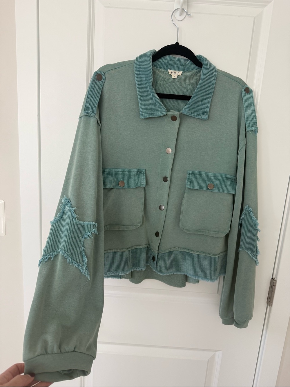 POL Soft Blue/Green Corduroy-Trim  Jacket with Star Patches